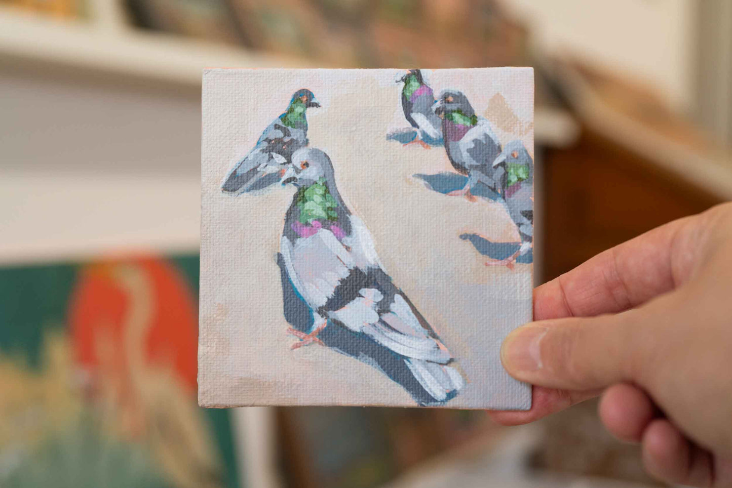 Tauben, Unikat, Malerei, handgemaltes Einzelstück, 10 x 10 cm, mit Bilderrahmen