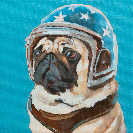 Rocket Pug, unique, painting, hand-painted one-of-a-kind piece, 10 x 10 cm, with picture frame