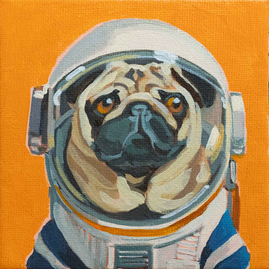 Space Pug, unique, painting, hand-painted unique piece, 10 x 10 cm, with picture frame