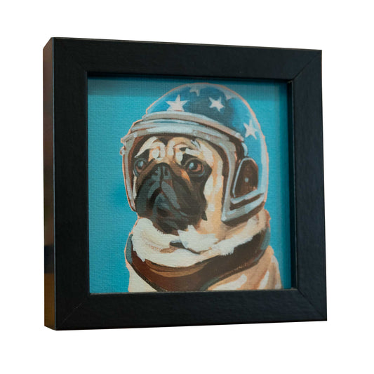 Rocket Pug, fine art print with picture frame, 10 x 10 cm