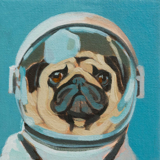 Space Pug, unique, painting, hand-painted unique piece, 10 x 10 cm, with picture frame