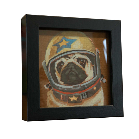 Rocket Pug 1, fine art print with picture frame, 10 x 10 cm
