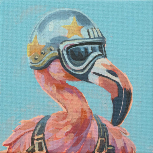 Rocket Flamingo, unique, painting, hand-painted one-of-a-kind piece, 10 x 10 cm, with picture frame