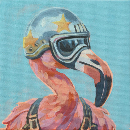 Rocket Flamingo, Unikat, Malerei, handgemaltes Einzelstück, 10 x 10 cm, mit Bilderrahmen