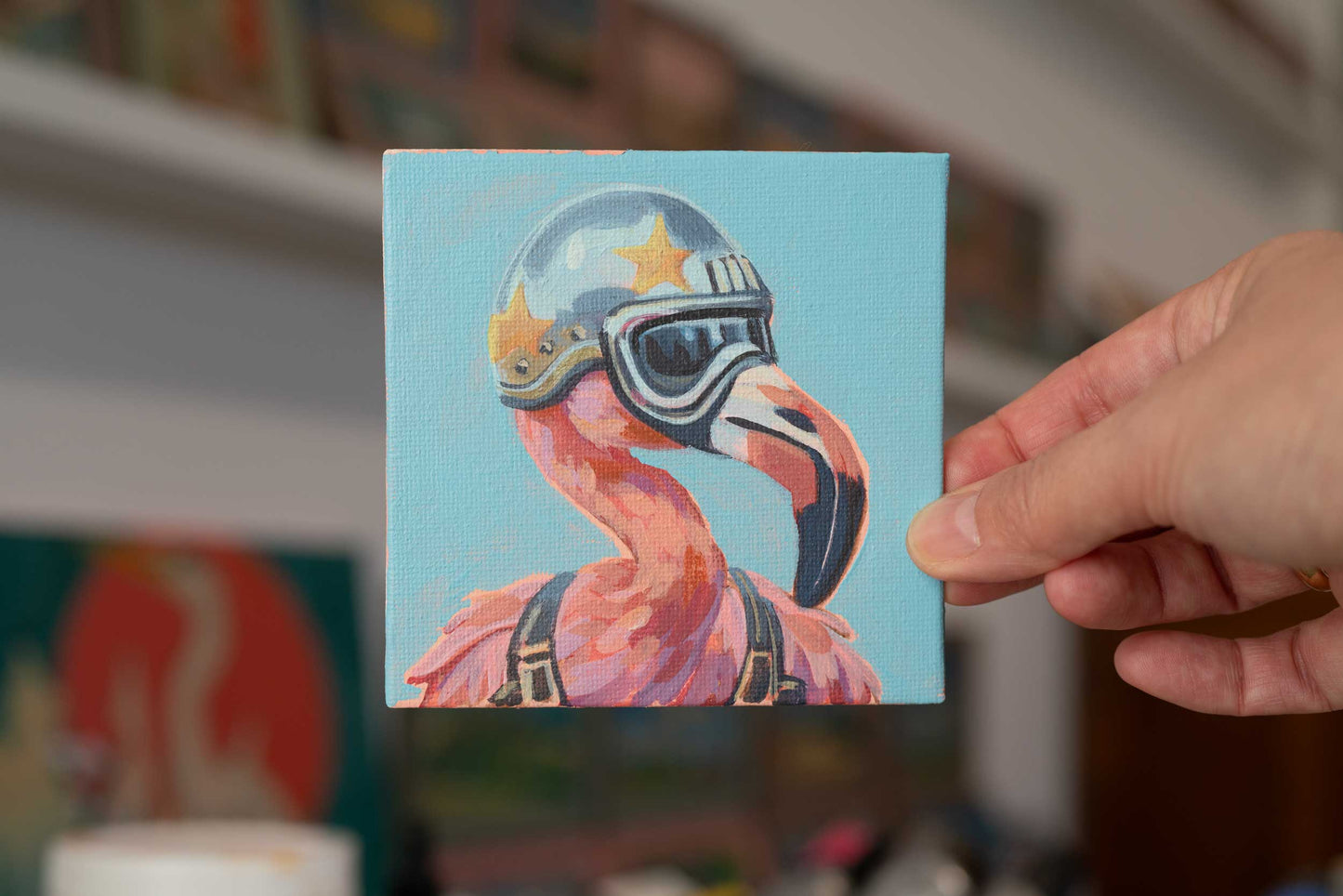 Rocket Flamingo, handgemalt, Einzelstück, 15x15cm