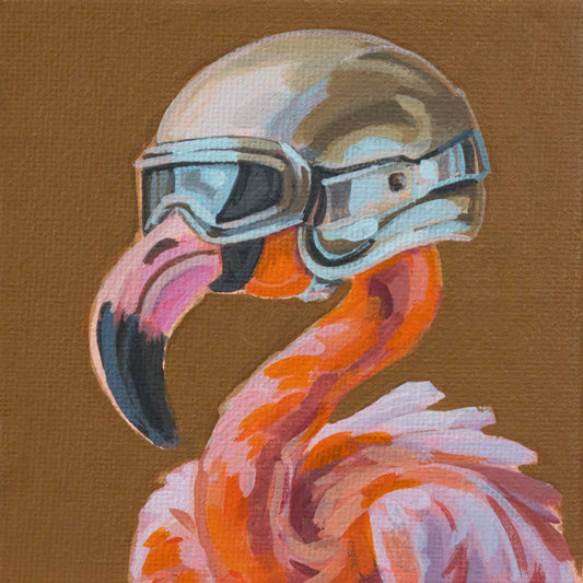 Rocket Flamingo, unique, painting, hand-painted one-of-a-kind piece, 10 x 10 cm, with picture frame