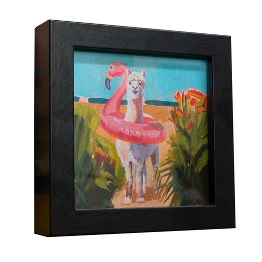 Alpaca beach vacation, fine art print with picture frame, 10 x 10 cm