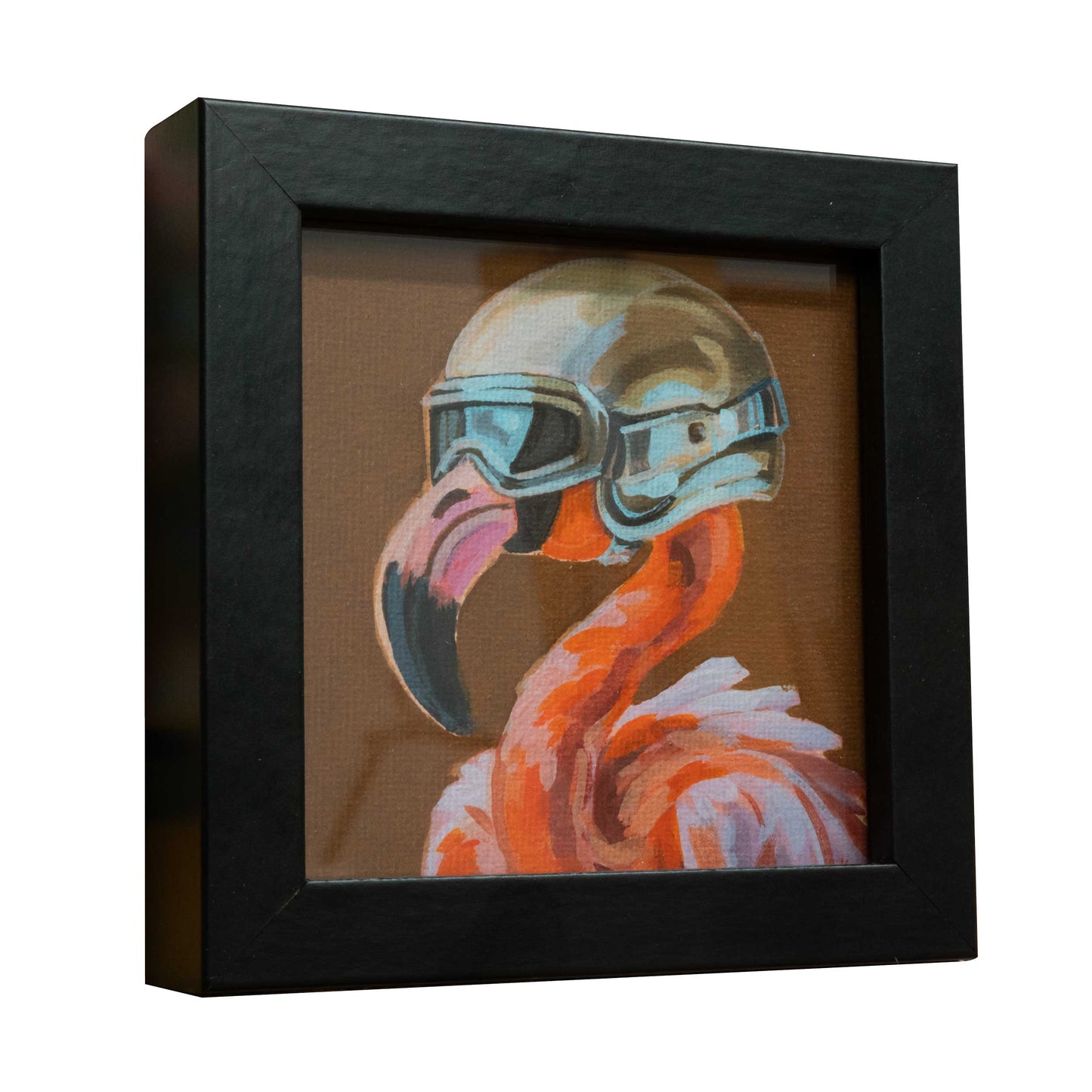 Daily Painting, unique, painting, hand-painted single piece, 10 x 10 cm, with picture frame, Rocket Flamingo