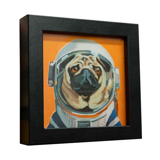 Astro Mops Fine Art Print auf Büttenpapier im Rahmen, 10 x 10 cm, Qualitätsdruck mit leuchtenden Farben, signiert und datiert