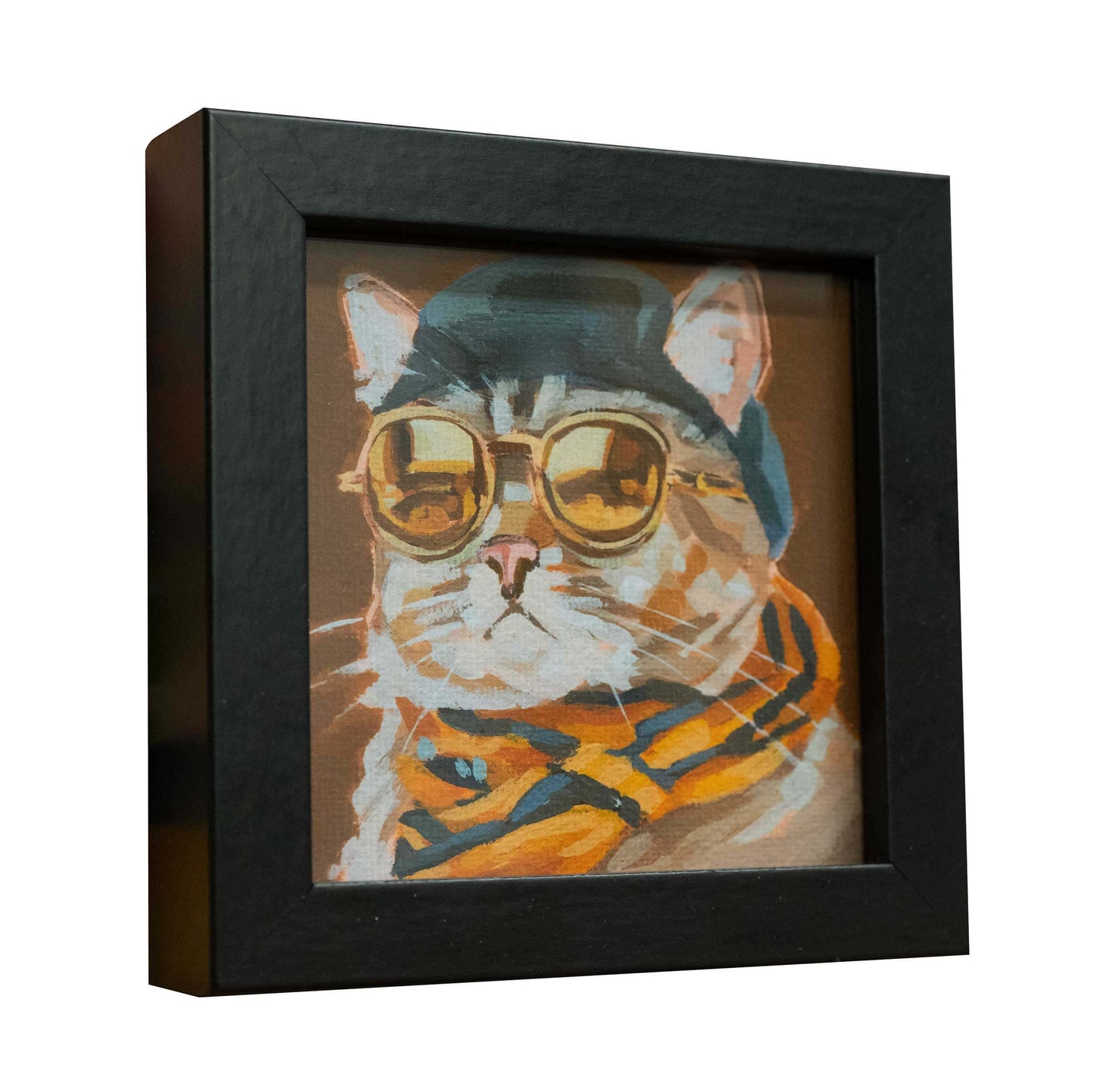 Fine Art Print "Gonzales" auf Büttenpapier, 10 x 10 cm, gerahmt, Kater mit Sonnenbrille und Schal, Qualitätsdruck Hahnemühle.