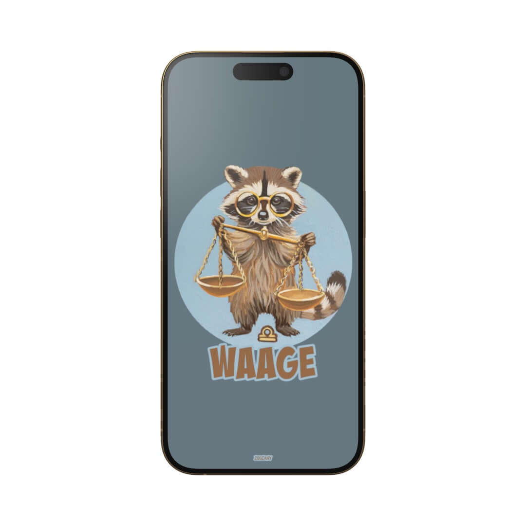 Süßes Waschbär-Wallpaper mit Waage-Sternzeichen für Smartphones im Pixel-Hochformat.