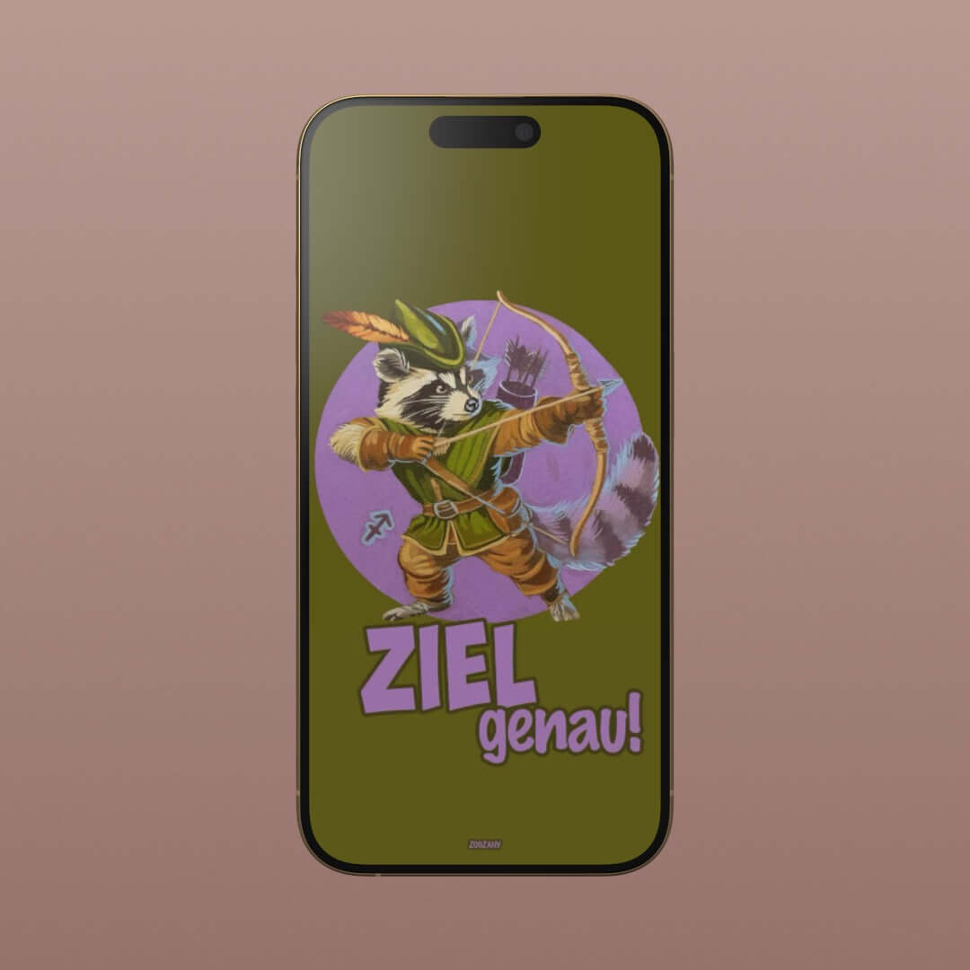 Handy-Wallpaper mit Waschbär-Sternzeichen, zeigt den Schützen mit Bogen und Text "ZIEL genau!" für Smartphones.