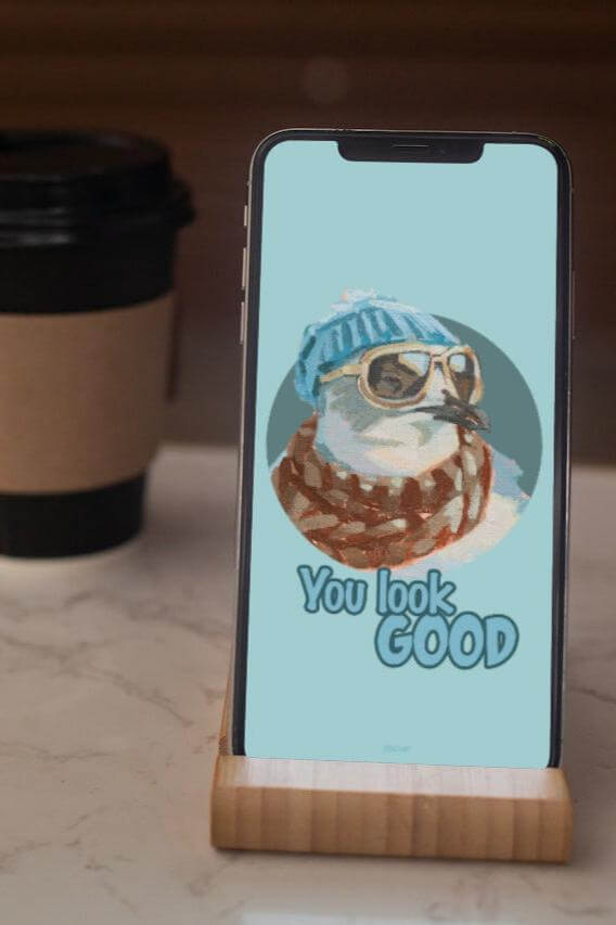 Handy mit Möwe-Wallpaper und dem Text "You look good", im stylischen Look mit Brille und Mütze, neben einer Kaffeetasse.